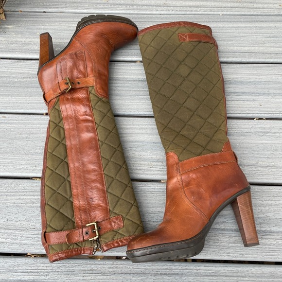 Ralph Lauren Purple‎ Label Italy Size 8B Tall Brown Leather/ Quilted Green Boots - Picture 9 of 16
